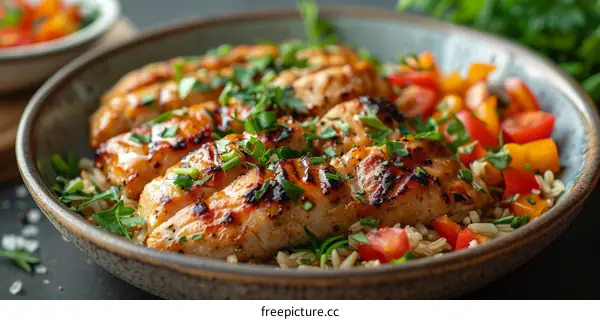Grilled chicken breast with brown rice and vegetables
