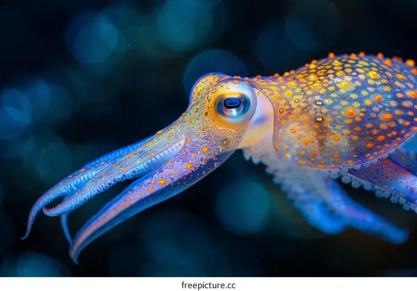 A beautiful close up of a bio luminescent octopus