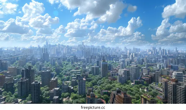 Aerial View of a Modern Cityscape with Lush Green Spaces