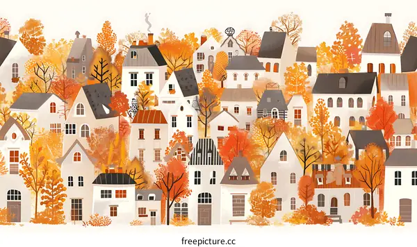 Autumn Village Illustration with Colorful Houses