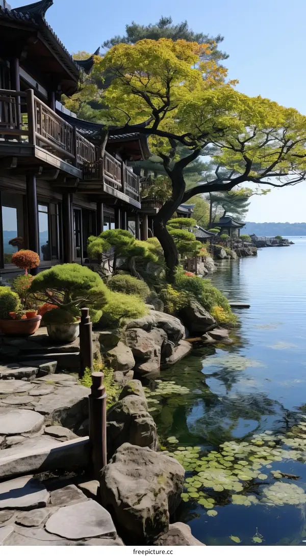 Traditional Japanese House by the Lake with Trees and Rocks