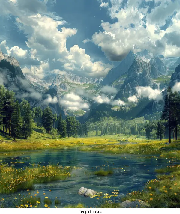 Stunning Mountain Valley Landscape Illustration