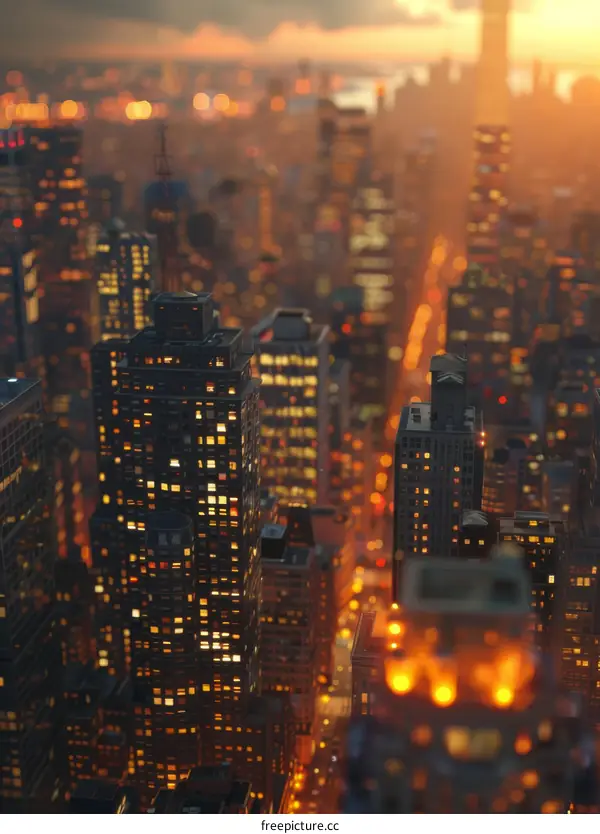 Cityscape at Dusk with Illuminated Skyscrapers