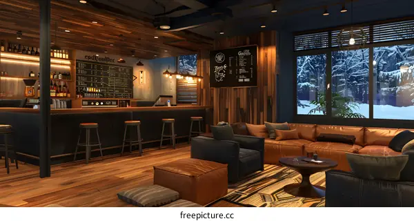 Cozy Bar Interior Design with Wooden Walls and Winter View