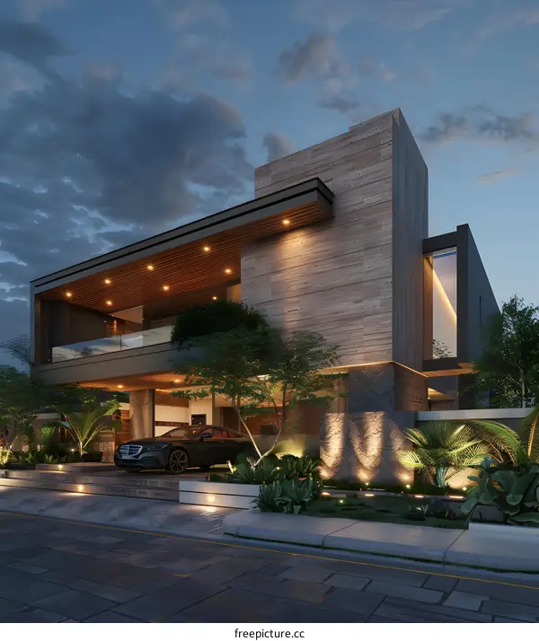 Modern Luxury Home with Stone Facade and  Landscaping