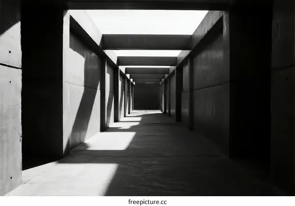 Concrete Corridor with Geometric Light and Shadow Patterns