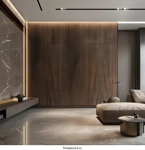 Modern Living Room Design with Wooden Wall and Marble Floor