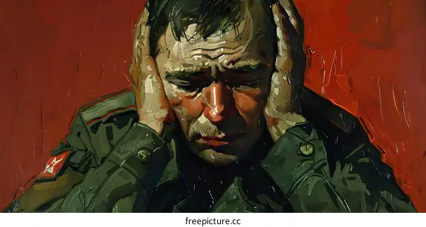 A soldier with his hands to his head