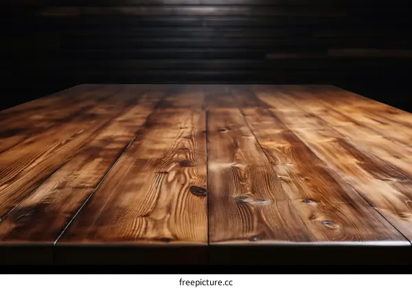An Empty Wooden Table Against a Dark Background