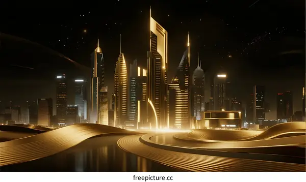 Golden Skyscrapers in Futuristic Urban Night Scene