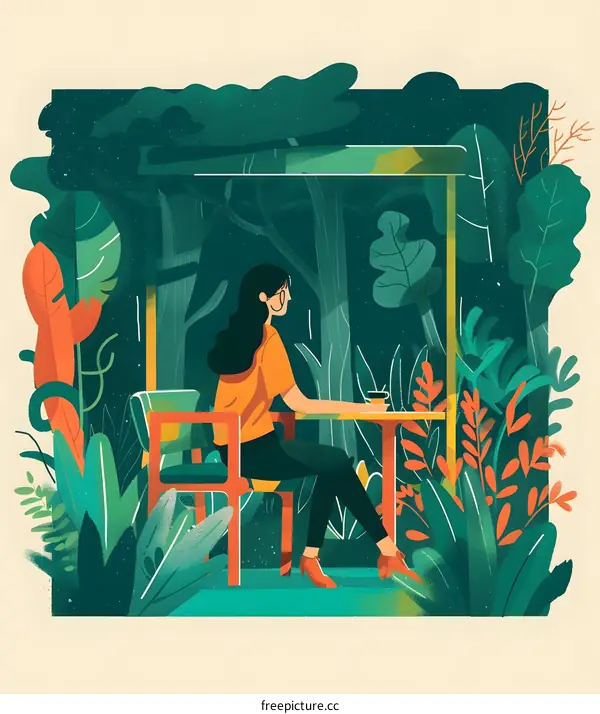 Woman Sitting in a Cafe Surrounded by Lush Greenery