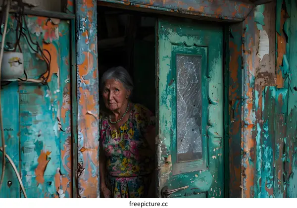 An old woman standing in a doorway