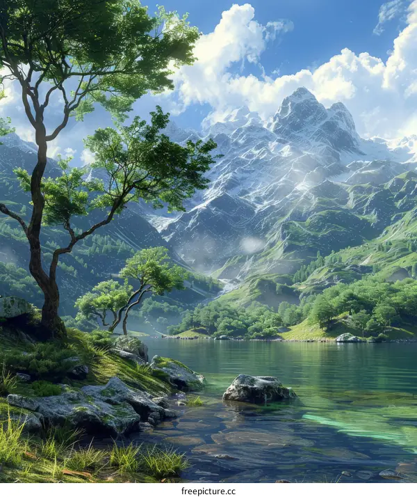 Fantasy Landscape with Mountains, Lake, and Trees