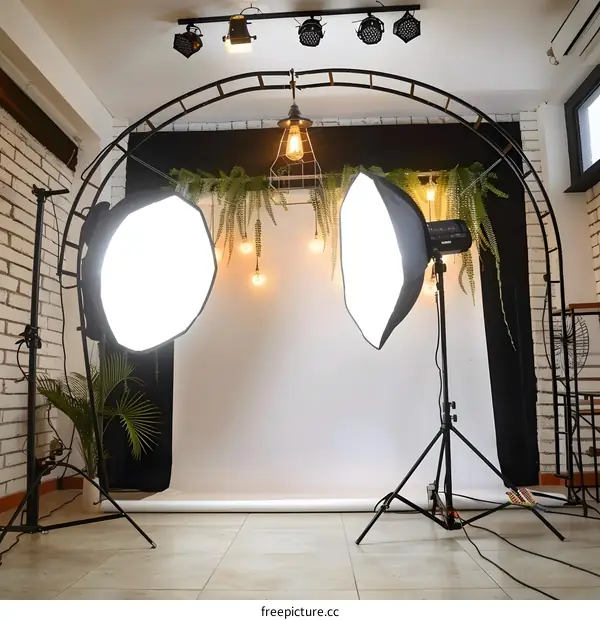 Studio Photography Lighting Setup with White Backdrop and Arch
