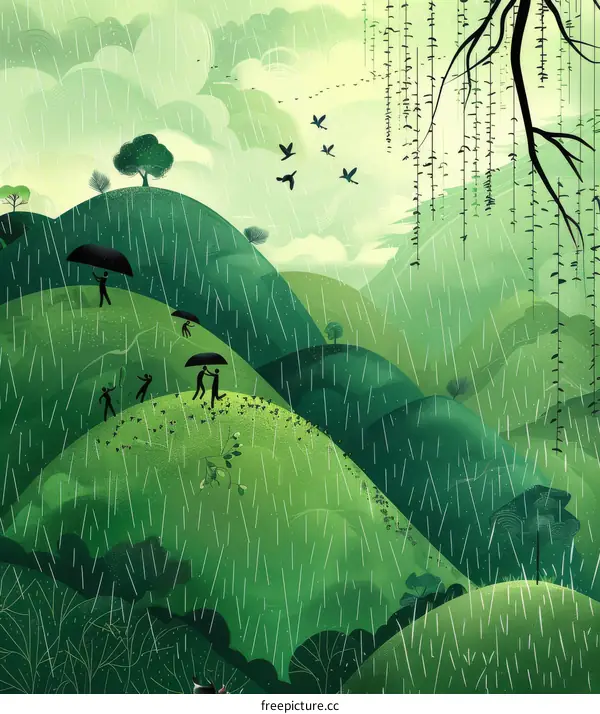 People walking in the rain in the green hills