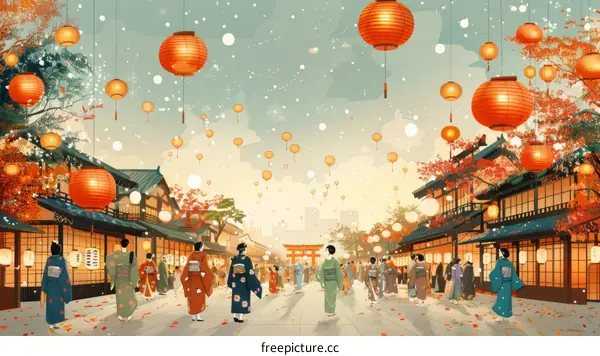 Japanese street scene with people wearing kimono and traditional houses