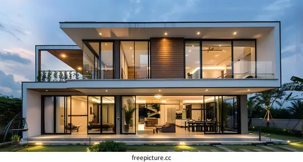 Modern Minimalist Two Storey House Design with Large Windows and Glass Balconies