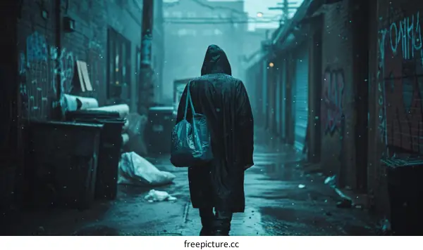 A dark figure walking down a dark alley