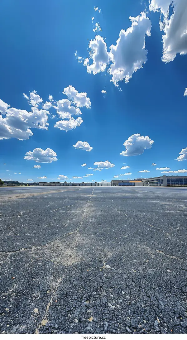 Empty Airport Tarmac Underneath Clear Blue Sky and White Clouds