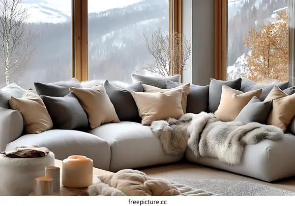 Modern Sectional Sofa with Cozy Throw Pillows and Mountain View