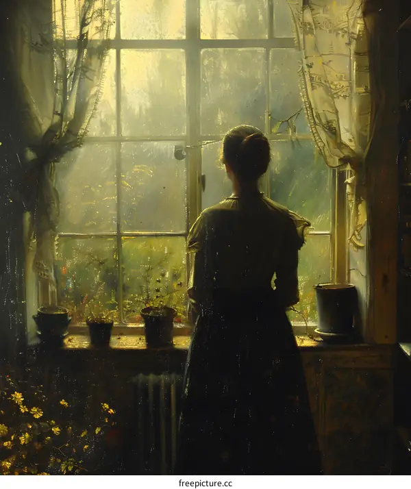 A woman standing in front of a window looking out at the rain