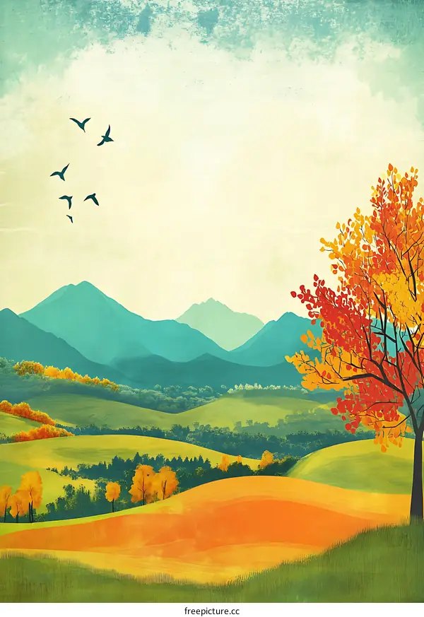 Autumn Landscape with Mountains and Birds