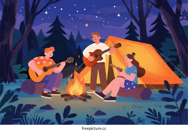 Friends Camping in Forest with Guitar Playing and Campfire