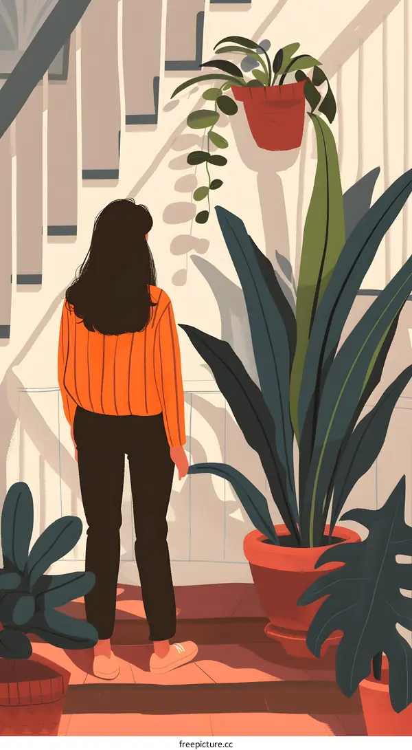 Woman in Orange Shirt Standing on Stairs With Plants