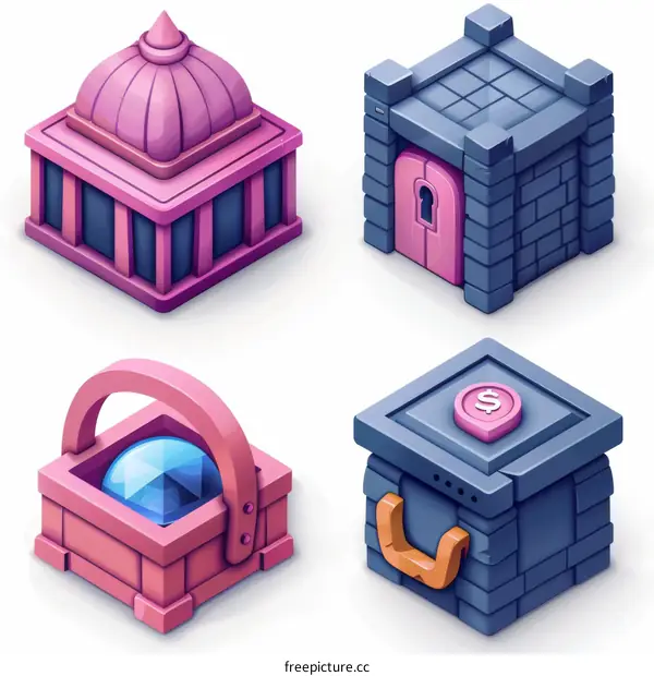 isometric treasure chests and buildings