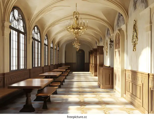 Long Hallway With Arched Ceiling and Wooden Tables