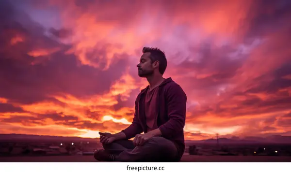 Man Meditating in a Peaceful Sunset