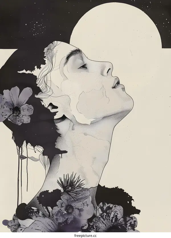 Woman with Flowers Under Moonlit Sky Illustration