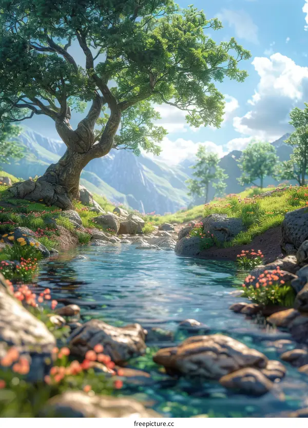 Serene River Winding Through Mountain Landscape