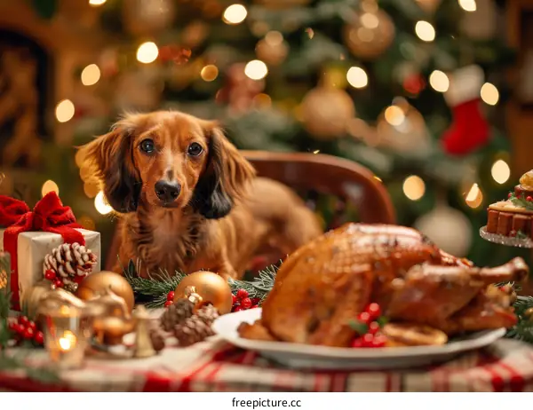 dachshund dog sitting at a table set for Christmas dinner