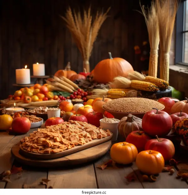 Abundant Harvest: Pumpkins, Apples, Corn, and Wheat