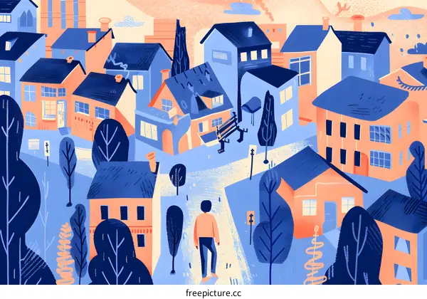 Cartoon Illustration of Person Walking Through a Town With Houses and Trees