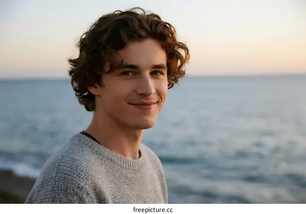 Young man with curly hair standing by the sea