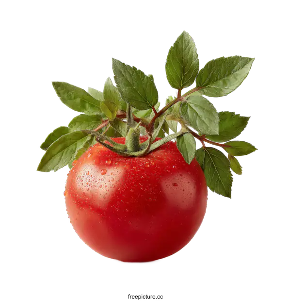 [Transparent Background PNG]Fresh Red Tomato with Leaves Close-up