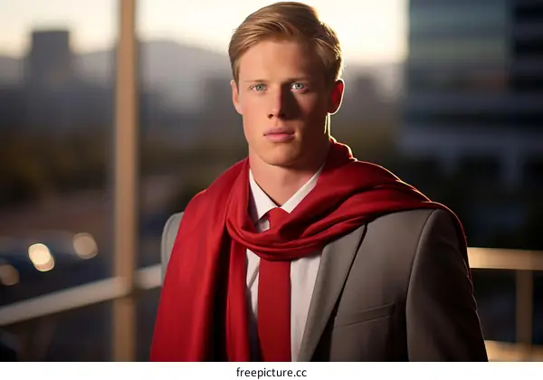Young male professional wearing a red cape standing in front of an urban background