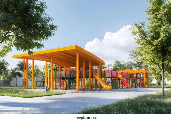 Colorful Playground Structure with Covered Area and Slides