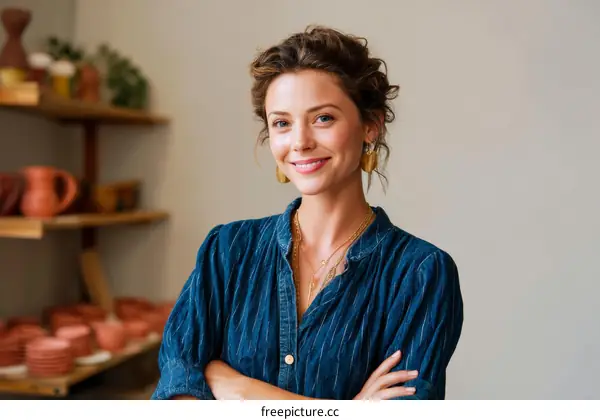 Portrait of a Confident Woman in a Blue Striped Shirt