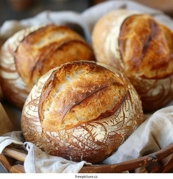 Three naturally leavened sourdough boules in a basket