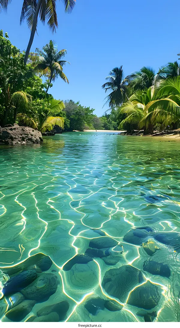 Nature landscape of a tropical beach with palm trees and crystal clear water