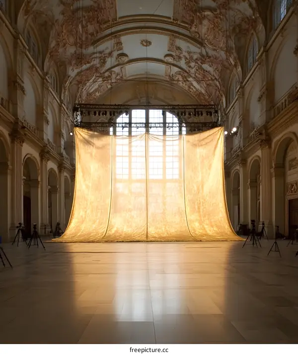 Large Golden Fabric Hanging In A Grand Hall
