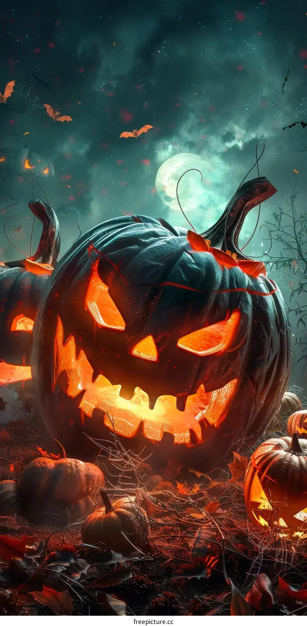 Spooky Forest Halloween Scene with Glowing Pumpkins and Bats