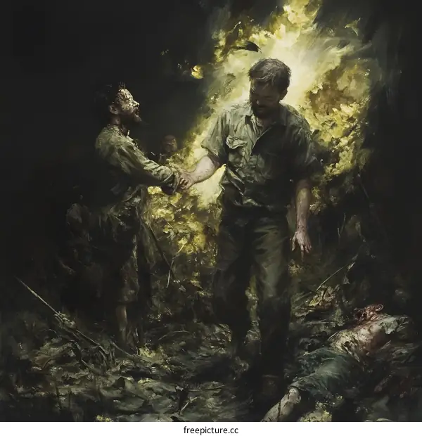 The Two Soldiers Walking Through The Battlefield