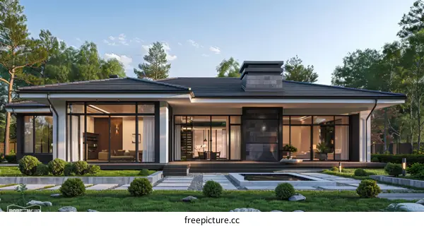 Modern house exterior with large windows and a flat roof