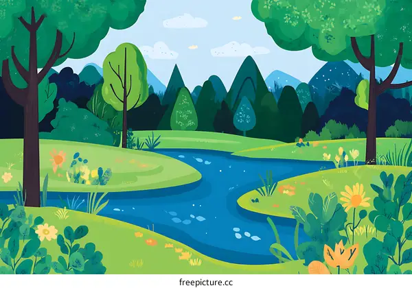 Green Meadow River Forest Illustration