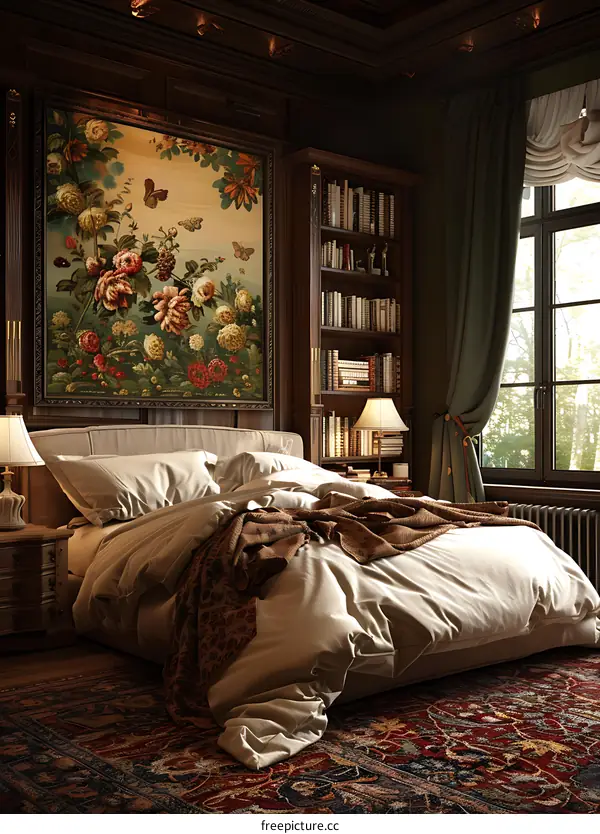 A bedroom with a large bed, a bookshelf, and a painting of flowers.