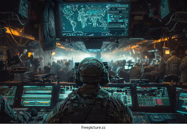 Soldier at a military command center operating monitors